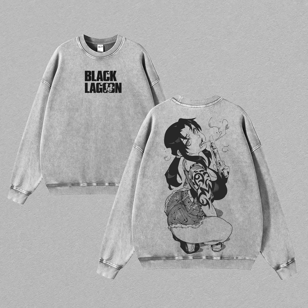 Revy Black Lagoon Anime Double Printed Vintage Washed Tee Unisex Oversize Anime Manga Washed Heavyweight Cotton T-shirt