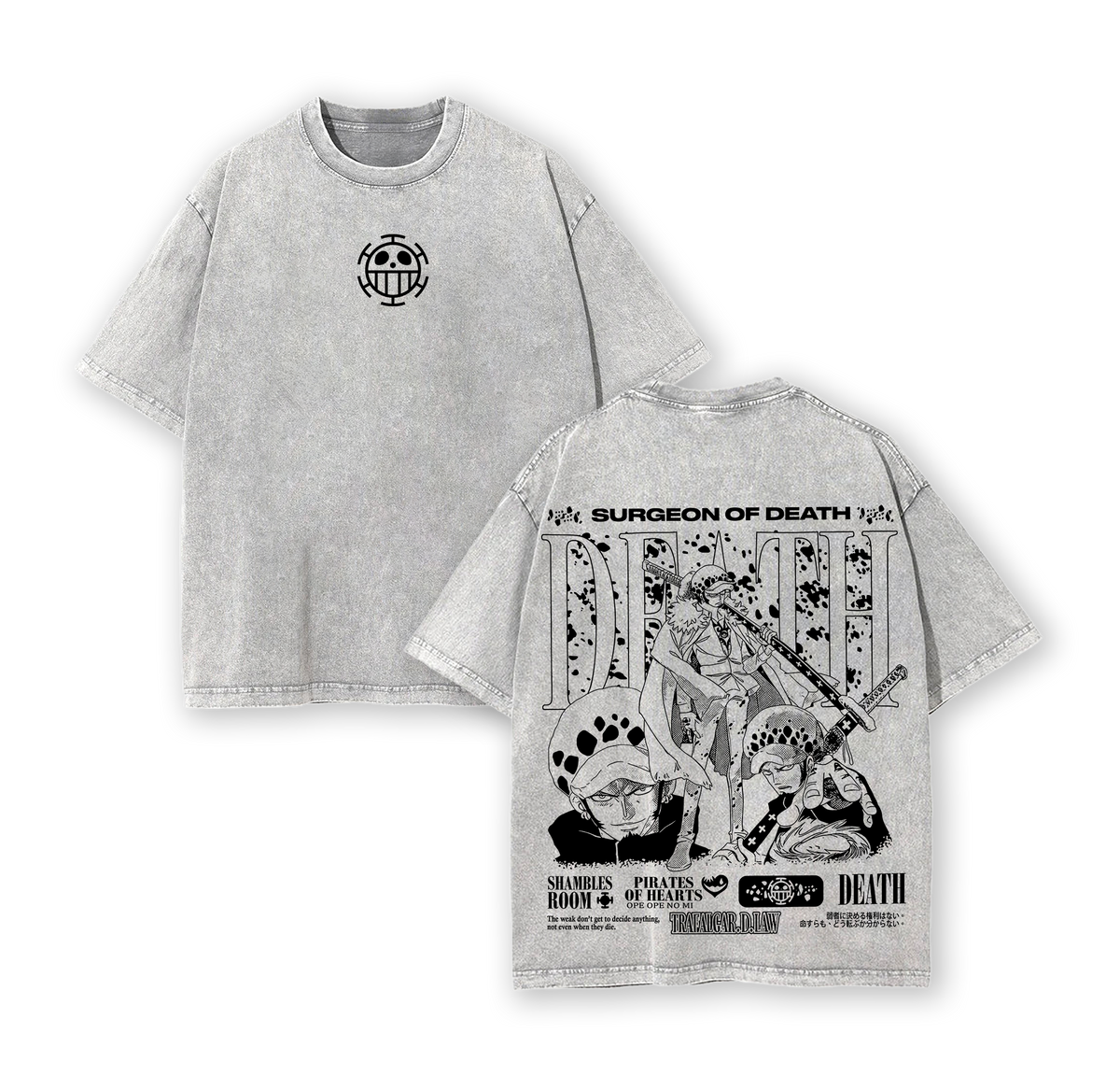 Trafalgar D. Water Law Tee Washed – Trafalgar Law One Pieceee Vintage Washed Oversized Heavy Cotton Anime Manga T-Shirt