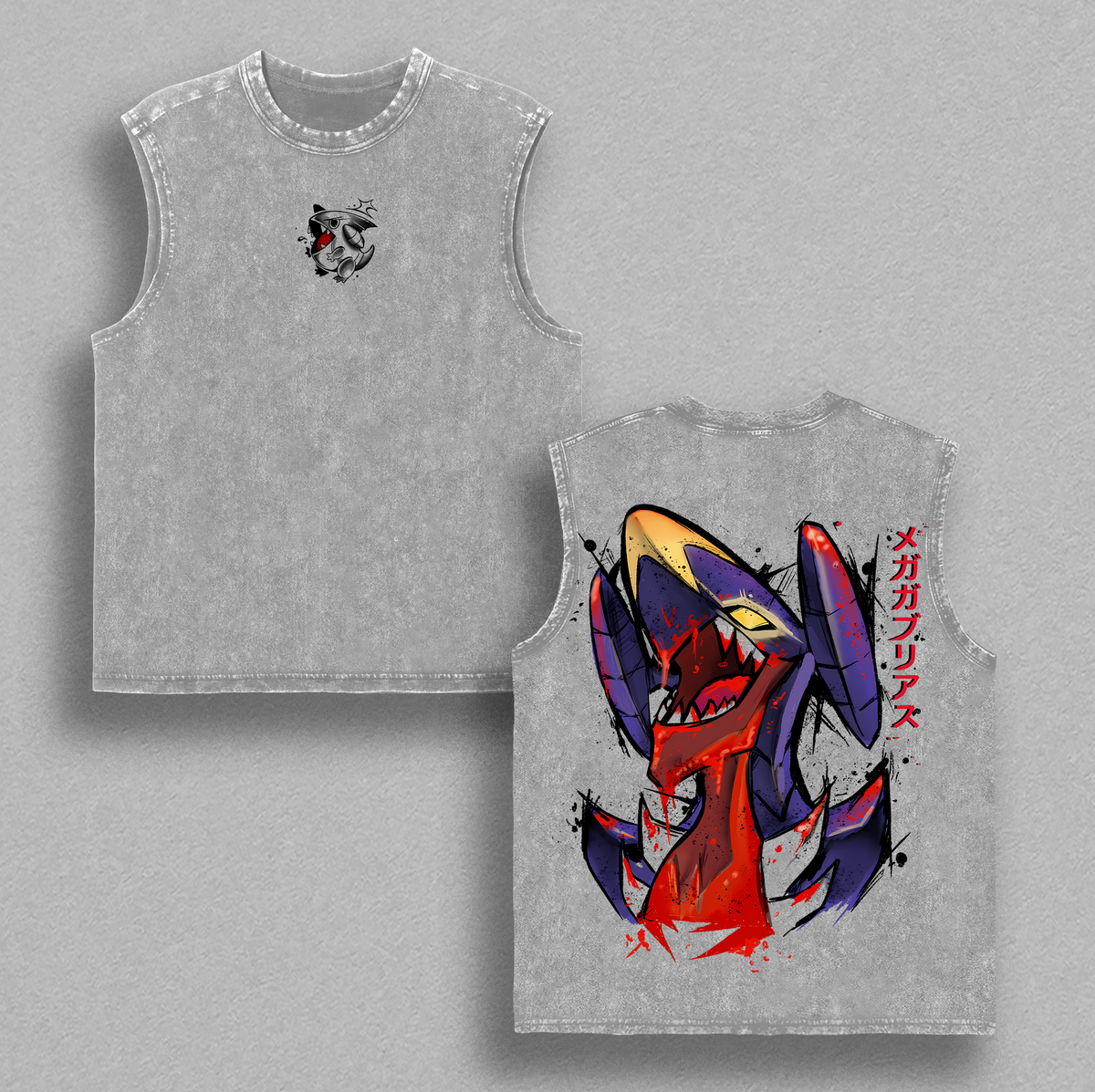 Garchomp Pokemon Anime Double Printed Vintage Washed Tee Unisex Oversize Heavyweight Cotton T-shirt for Anime Fans and Lovers