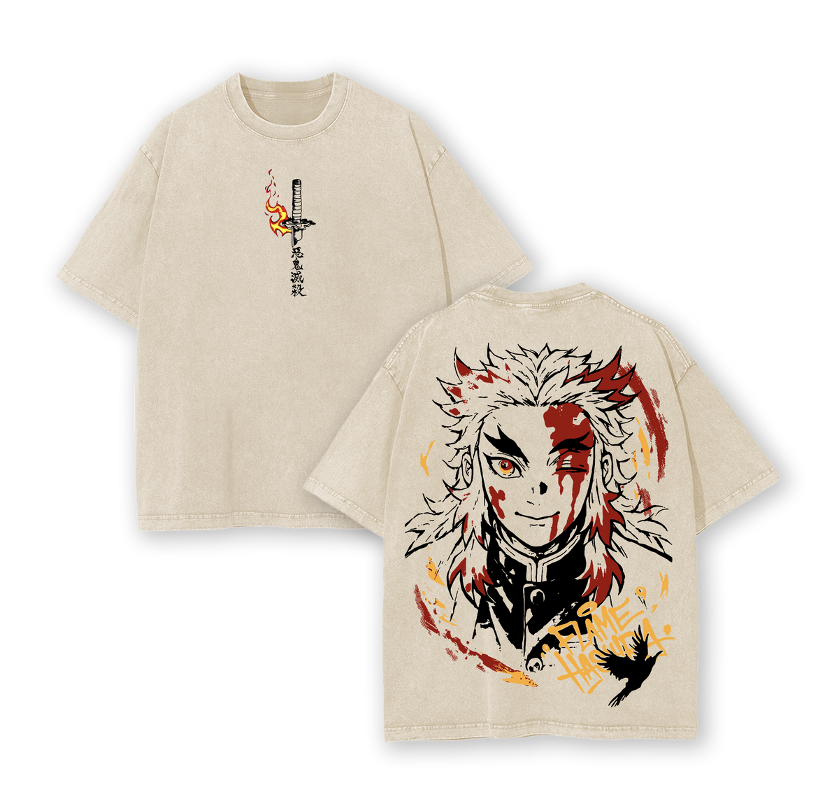 Rengoku Flame Hashira Demon Slayer Anime Vintage Washed Tee