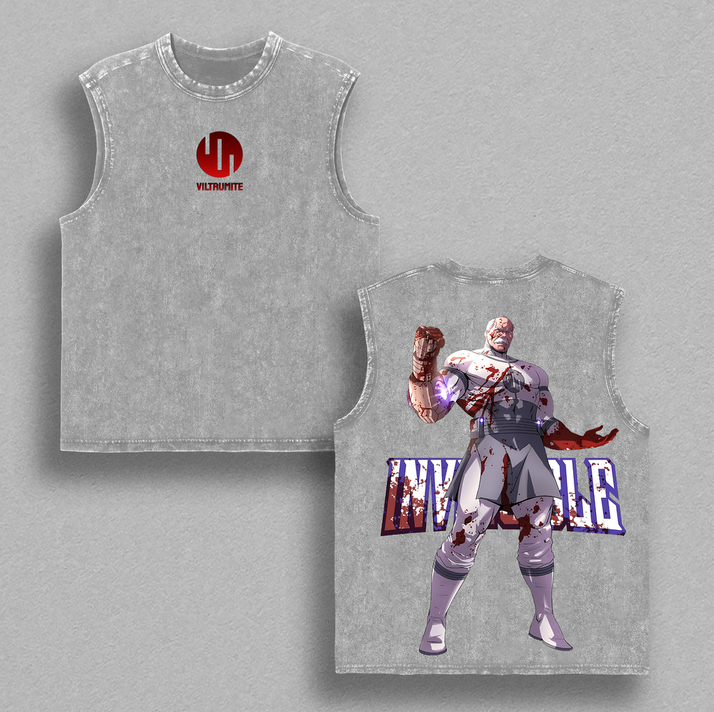 Conquest Invincible Anime Double Printed Vintage Washed Tee Unisex Oversize Heavyweight Cotton T-shirt for Anime Fans