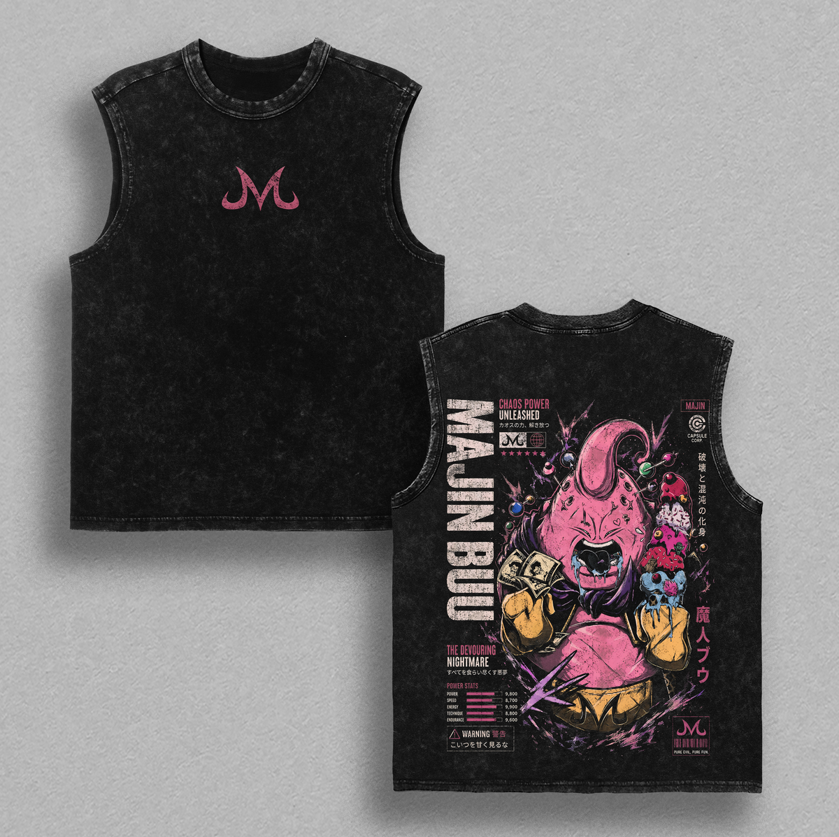 Majin Buu DBZ Vintage Washed T-Shirt Majin Villain Anime Graphic Tee Chaos Power Streetwear Oversized Shirt Gift for DBZ Fans