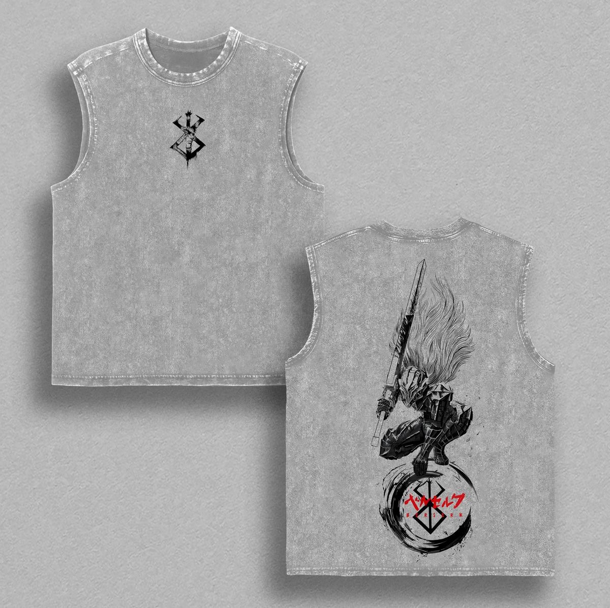GUTS - BERSERK Anime Double Printed Vintage Washed Tee Unisex Oversize Heavyweight Cotton T-shirt for Anime Fans and Lovers