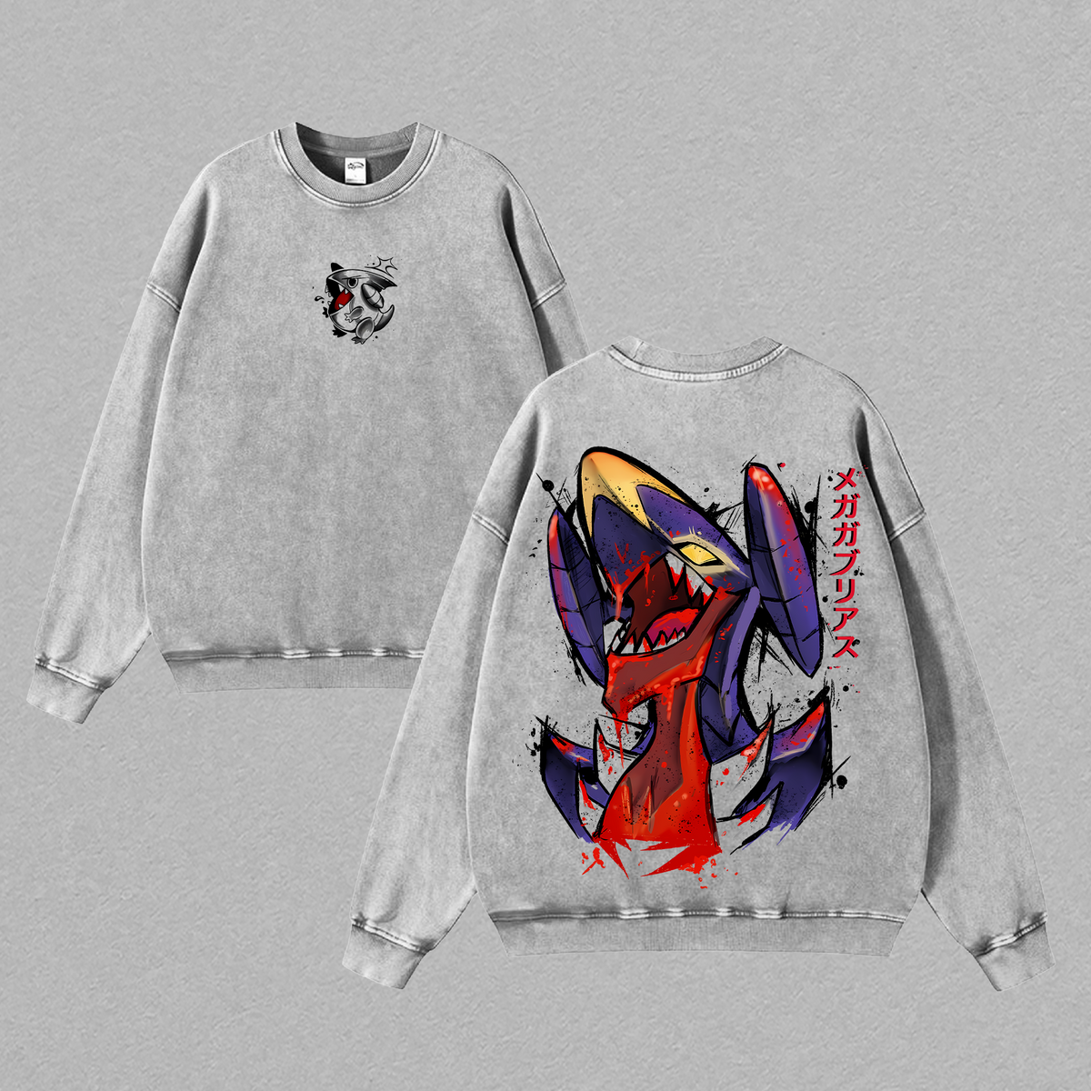 Garchomp Pokemon Anime Double Printed Vintage Washed Tee Unisex Oversize Heavyweight Cotton T-shirt for Anime Fans and Lovers