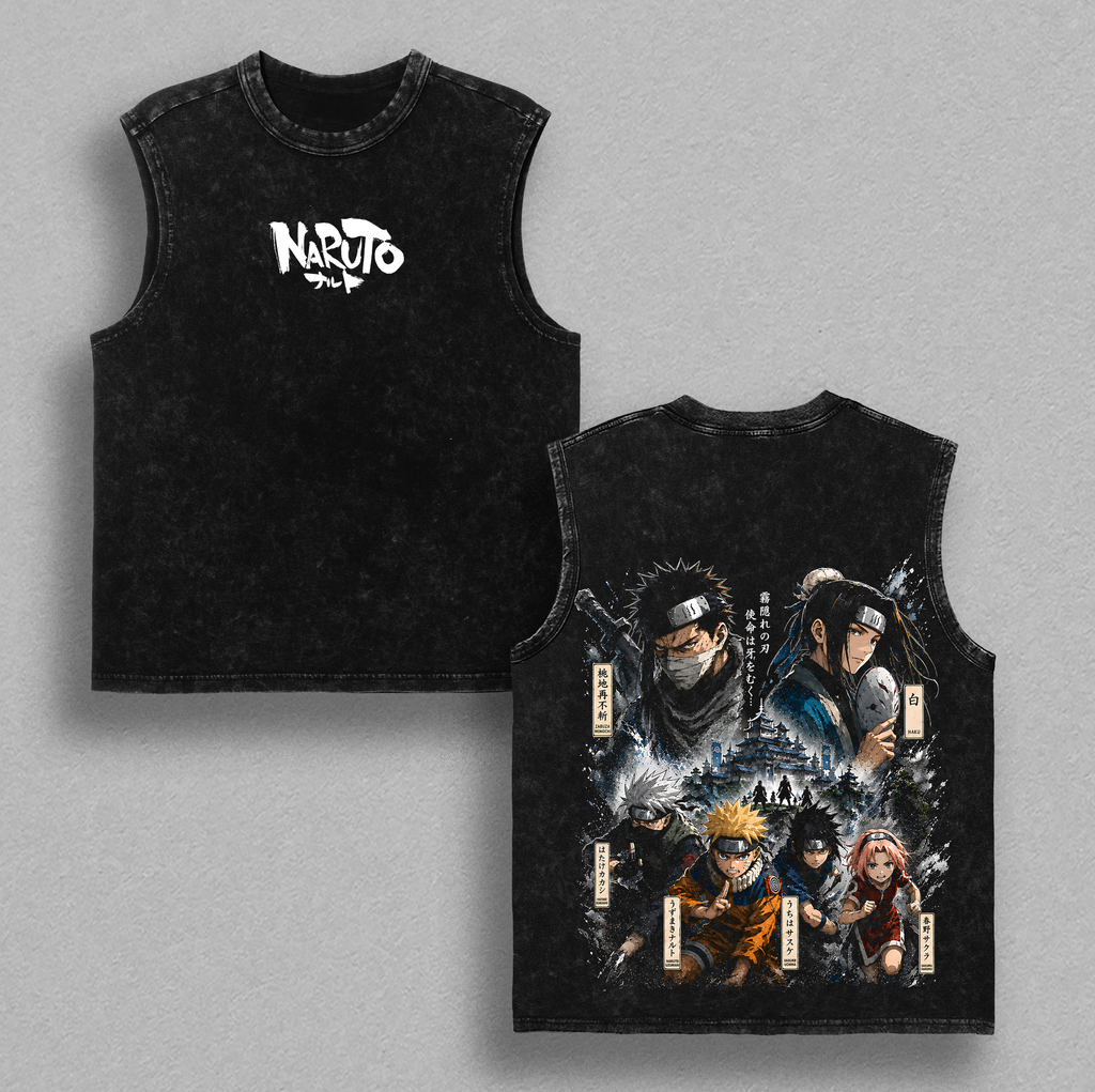 Team 7 Naruto Kakashi Sasuke Sakura Battle vs Zabuza & Haku Land of Waves Vintage Washed Anime Shirt Manga Graphic Oversized Unisex Tee