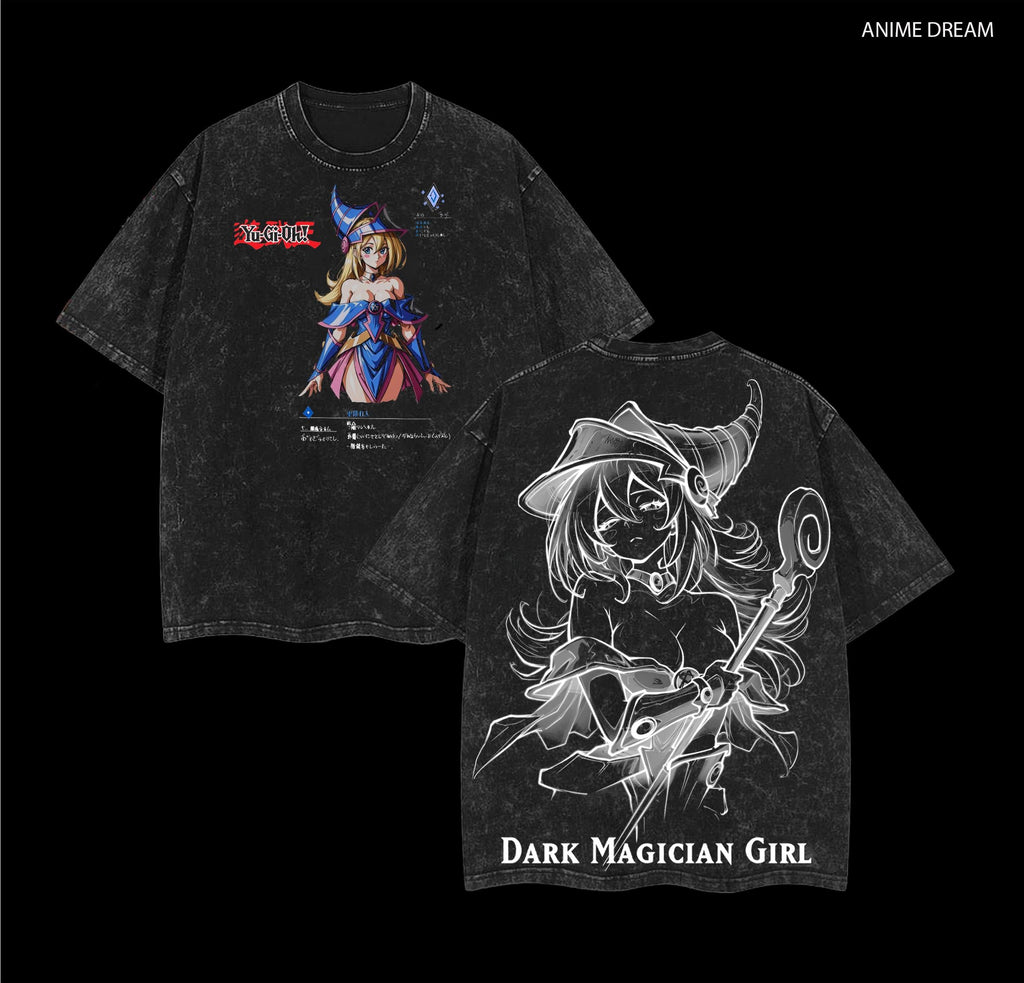 Dark Magician Girl Yu-Gi-Oh! Anime Double Printed Vintage Washed Tee Unisex Oversize Heavyweight Cotton T-shirt for Anime Fans and Lovers