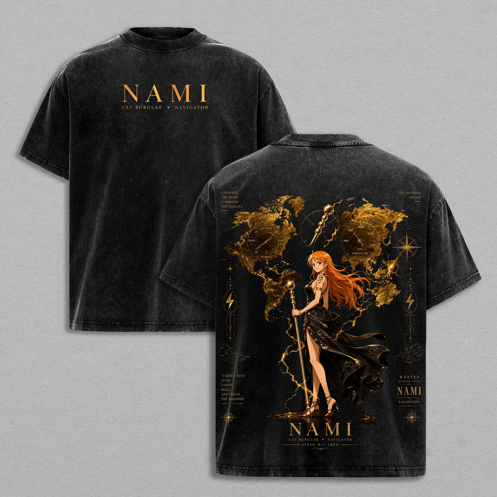 Nami Weather Witch One Pieceee Anime Graphic T-Shirt, Clima Tact Navigator Vintage Washed Tee, Straw Hat Crew Oversized Manga Streetwear Shirt