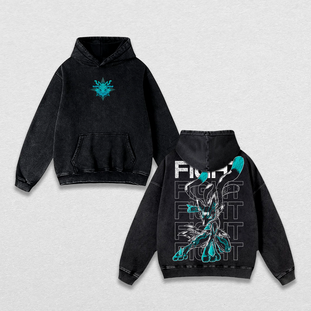 Mega Lucario - PKM Anime T-Shirt Vintage Acid Wash Oversized Graphic Tee Streetwear Aura Gift