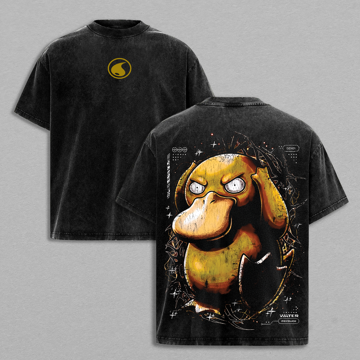 Vintage Psyduck Acid Washed T-Shirt Unisex Oversized Anime Manga T-Shirt Heavyweight Cotton Tee for Anime Fans