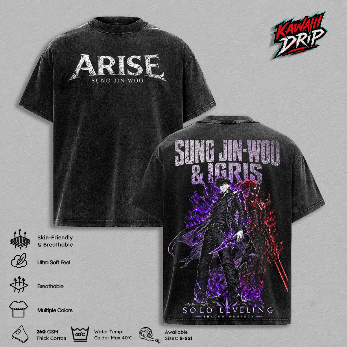Sung Jin-Woo & Igris Solo Leveling Anime Vintage Washed Tee