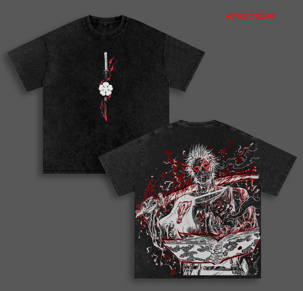 Yami Sukehiro Black Clover Black Bulls Anime Double Printed Vintage Washed Tee Unisex Oversize Anime Manga Washed Heavyweight Cotton T-shirt