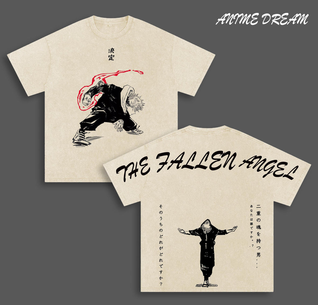 “THE FALLEN ANGEL” Itadori Yuji Jujutsu Kaisen Anime Double Printed Vintage Washed Tee Unisex Oversize Anime Manga Washed Heavyweight Cotton T-shirt