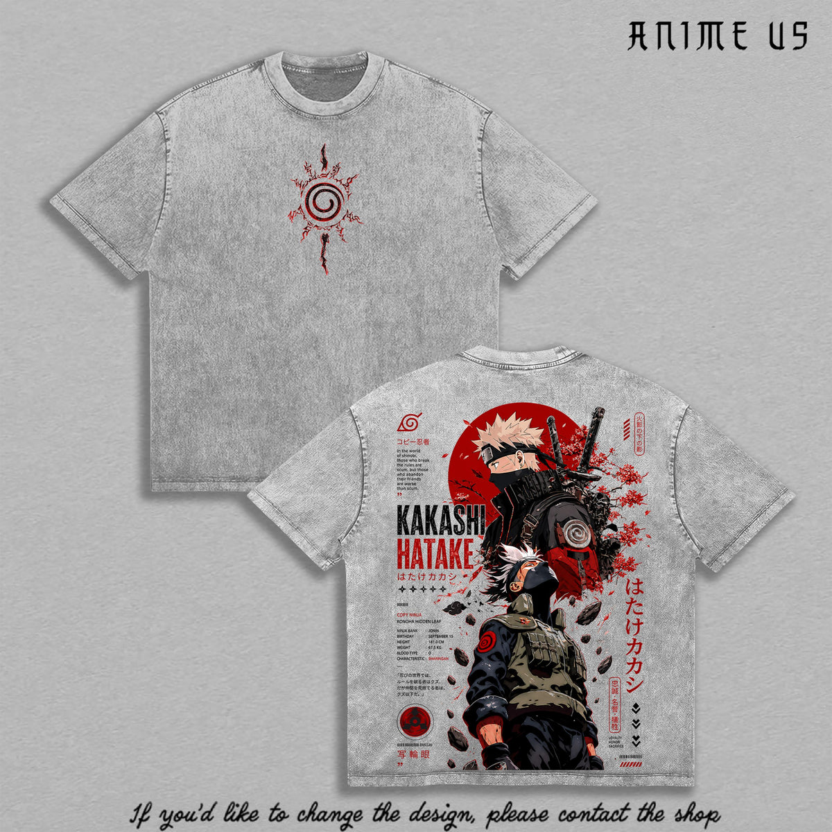 Kakashi Hatake Naruto Anime Vintage Washed T-Shirt Sharingan Ninja Graphic Tee Oversized Heavy Cotton Streetwear Manga Shirt Gift for Anime Fans