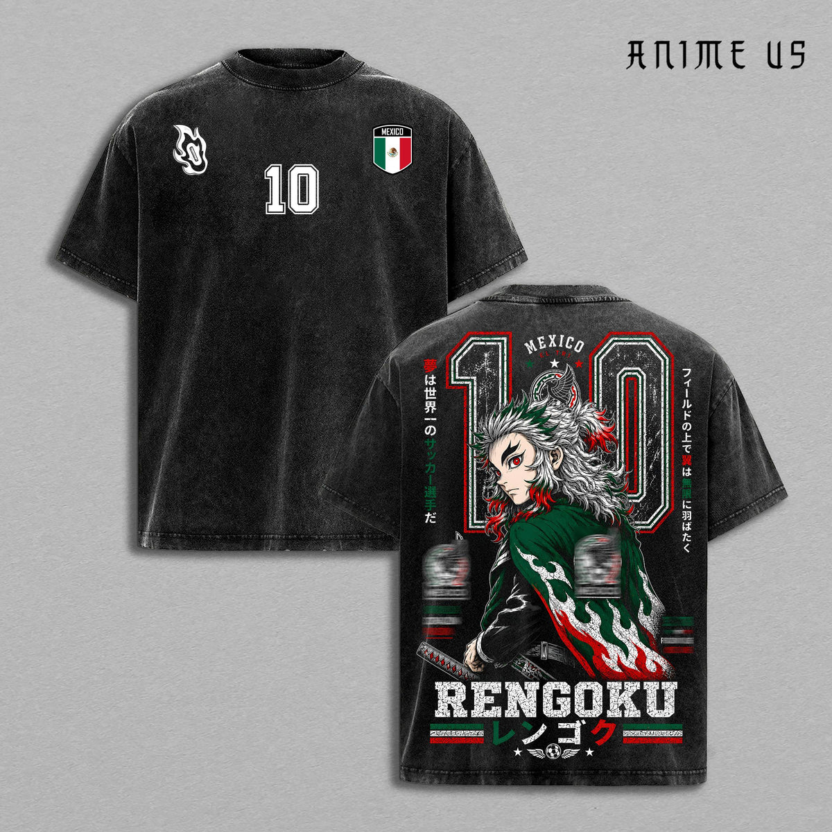 Mexico World Football 2026 Rengoku Flame Warrior Anime Vintage Washed Tee