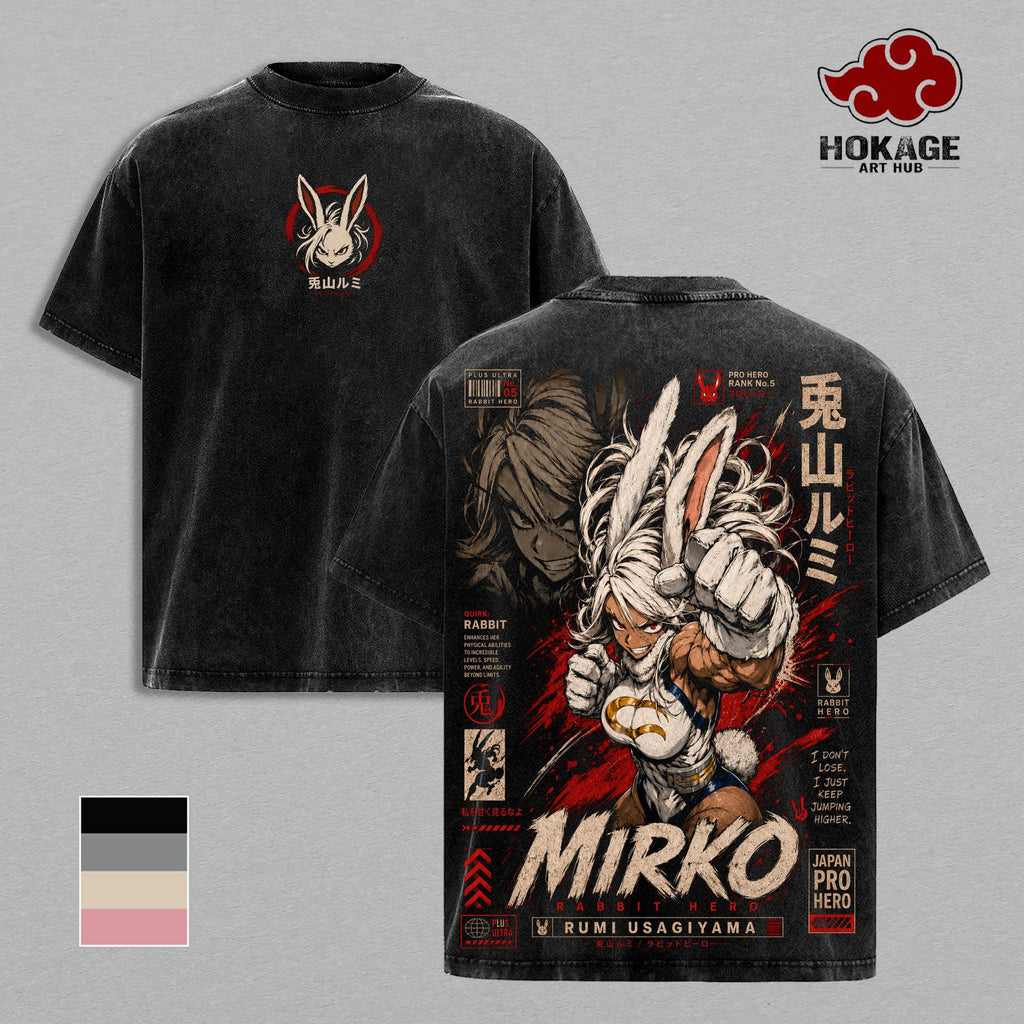 Mirko - My Hero Academia Double Printed Graphic Tee, Vintage Washed Streetwear for Men, Heavyweight Oversized Shirt, Acid Wash Y2K Anime Merch