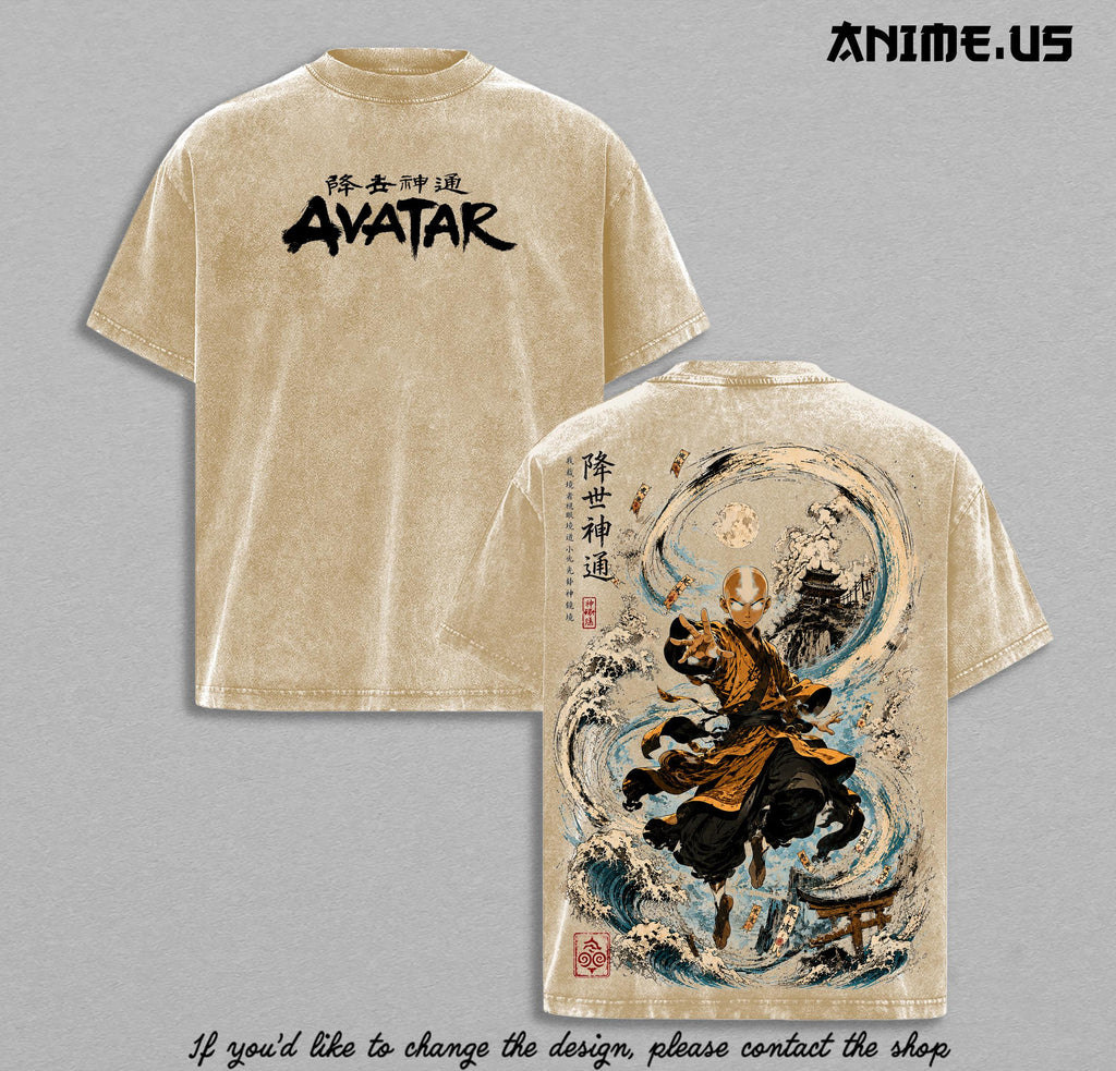 Avatar The Last Airbender Aang Waterbending Moon Spirit Vintage Washed T-Shirt Heavyweight Cotton Oversized Anime Streetwear Graphic Tee