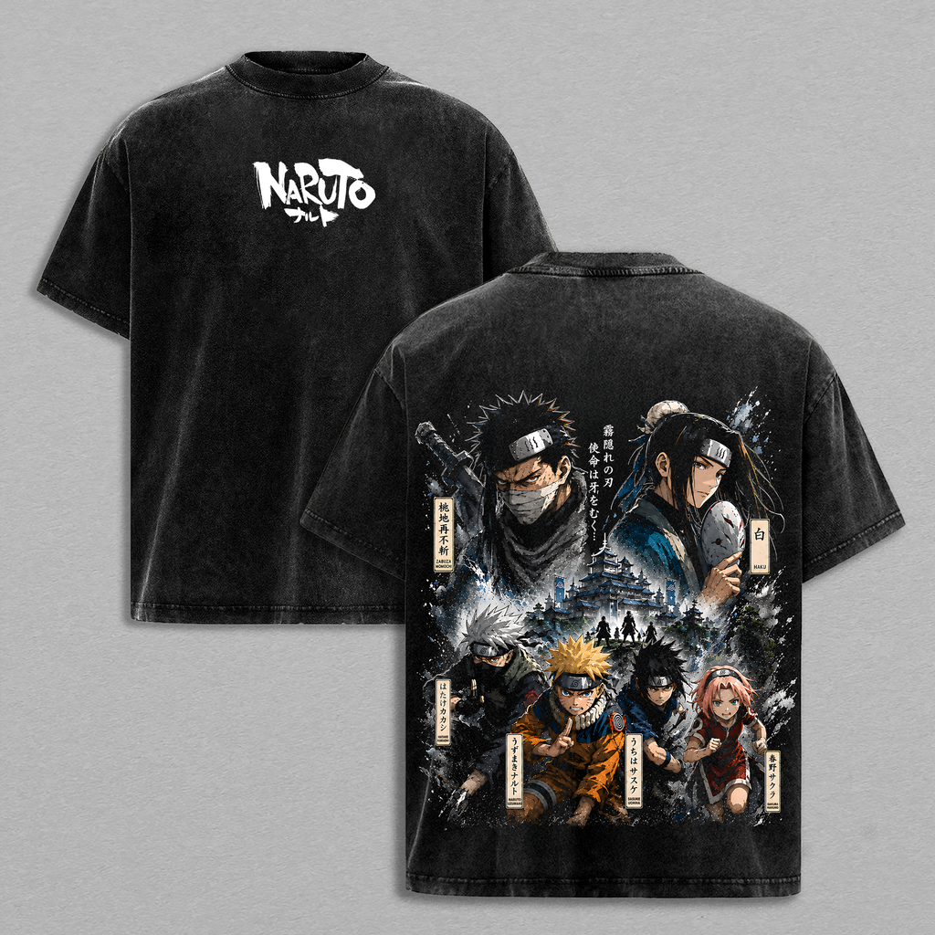 Team 7 Naruto Kakashi Sasuke Sakura Battle vs Zabuza & Haku Land of Waves Vintage Washed Anime Shirt Manga Graphic Oversized Unisex Tee