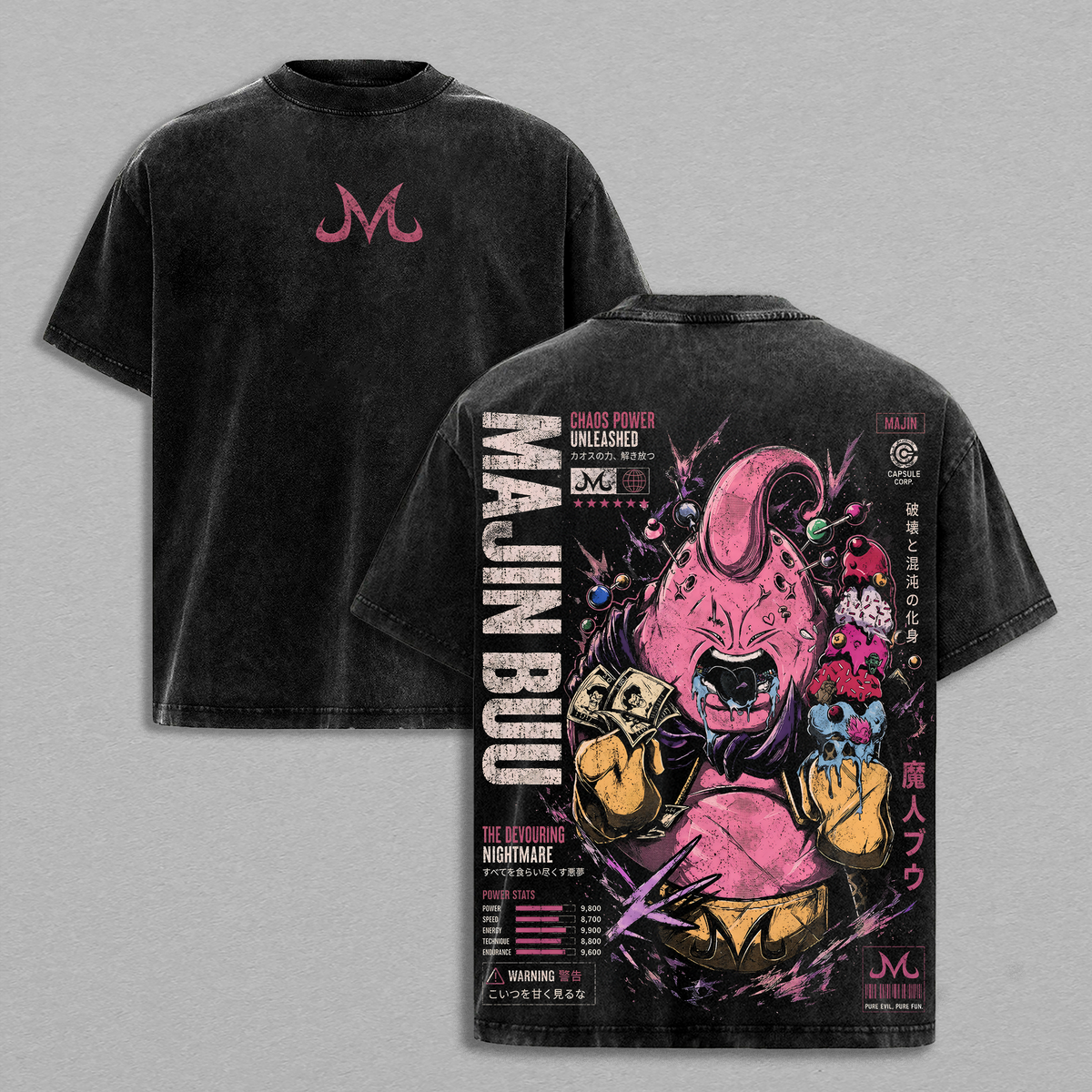 Majin Buu DBZ Vintage Washed T-Shirt Majin Villain Anime Graphic Tee Chaos Power Streetwear Oversized Shirt Gift for DBZ Fans