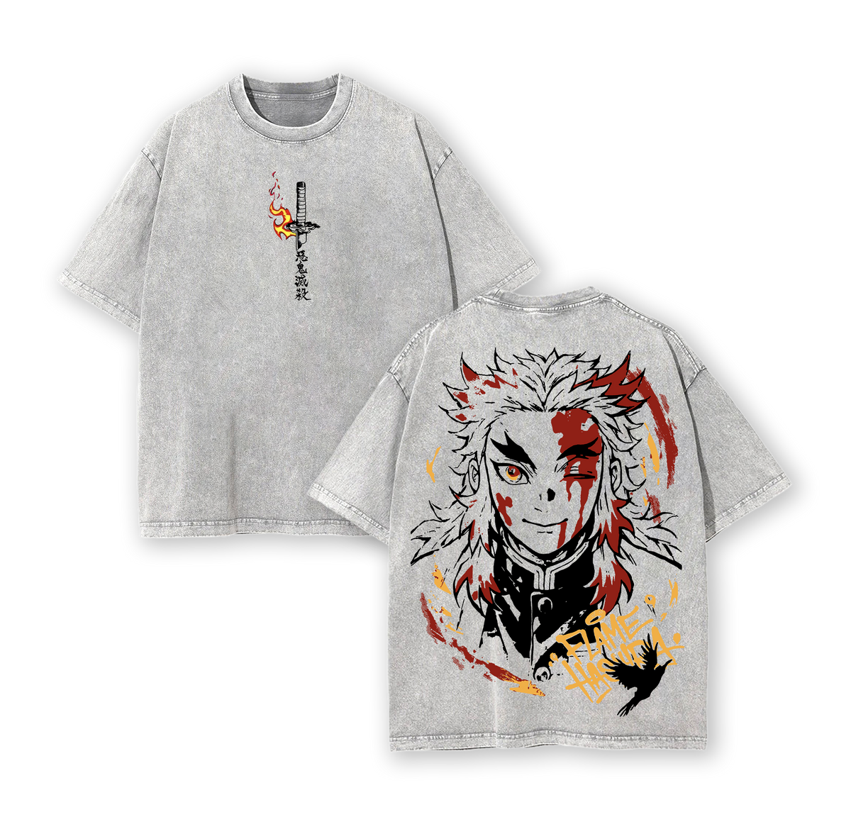 Rengoku Flame Hashira Demon Slayer Anime Vintage Washed Tee