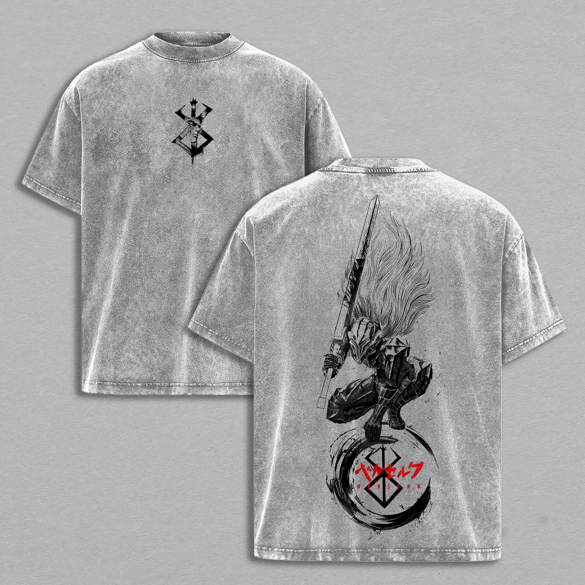 GUTS - BERSERK Anime Double Printed Vintage Washed Tee Unisex Oversize Heavyweight Cotton T-shirt for Anime Fans and Lovers