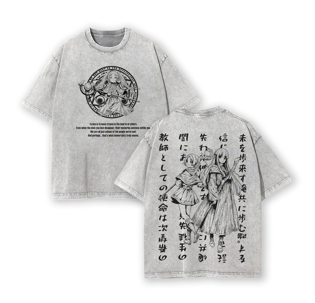 Sousou no Frieren. Frieren & Fern Anime Double Printed Vintage Washed Tee Unisex Oversize Anime Manga Washed Heavyweight Cotton T-shirt