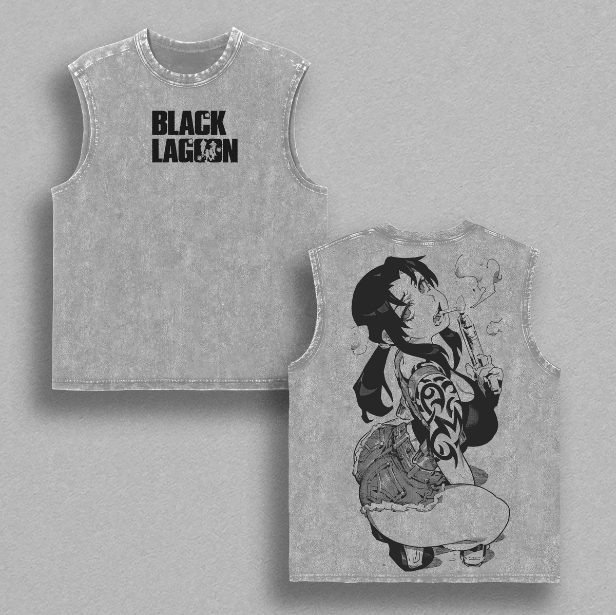 Revy Black Lagoon Anime Double Printed Vintage Washed Tee Unisex Oversize Anime Manga Washed Heavyweight Cotton T-shirt