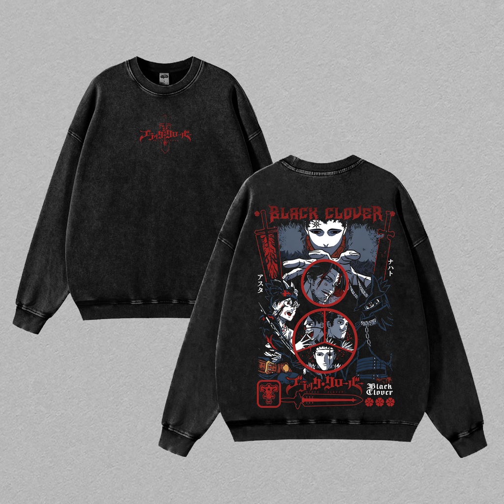 Black Clover Asta Yuno Noelle Yami Liebe Anti Magic Anime T Shirt Vintage Washed Oversized Red Graphic Back Print Heavy Cotton Streetwear Gift