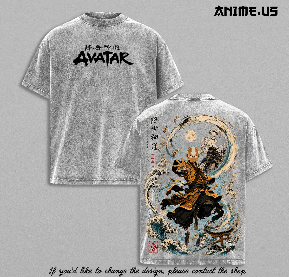 Avatar The Last Airbender Aang Waterbending Moon Spirit Vintage Washed T-Shirt Heavyweight Cotton Oversized Anime Streetwear Graphic Tee