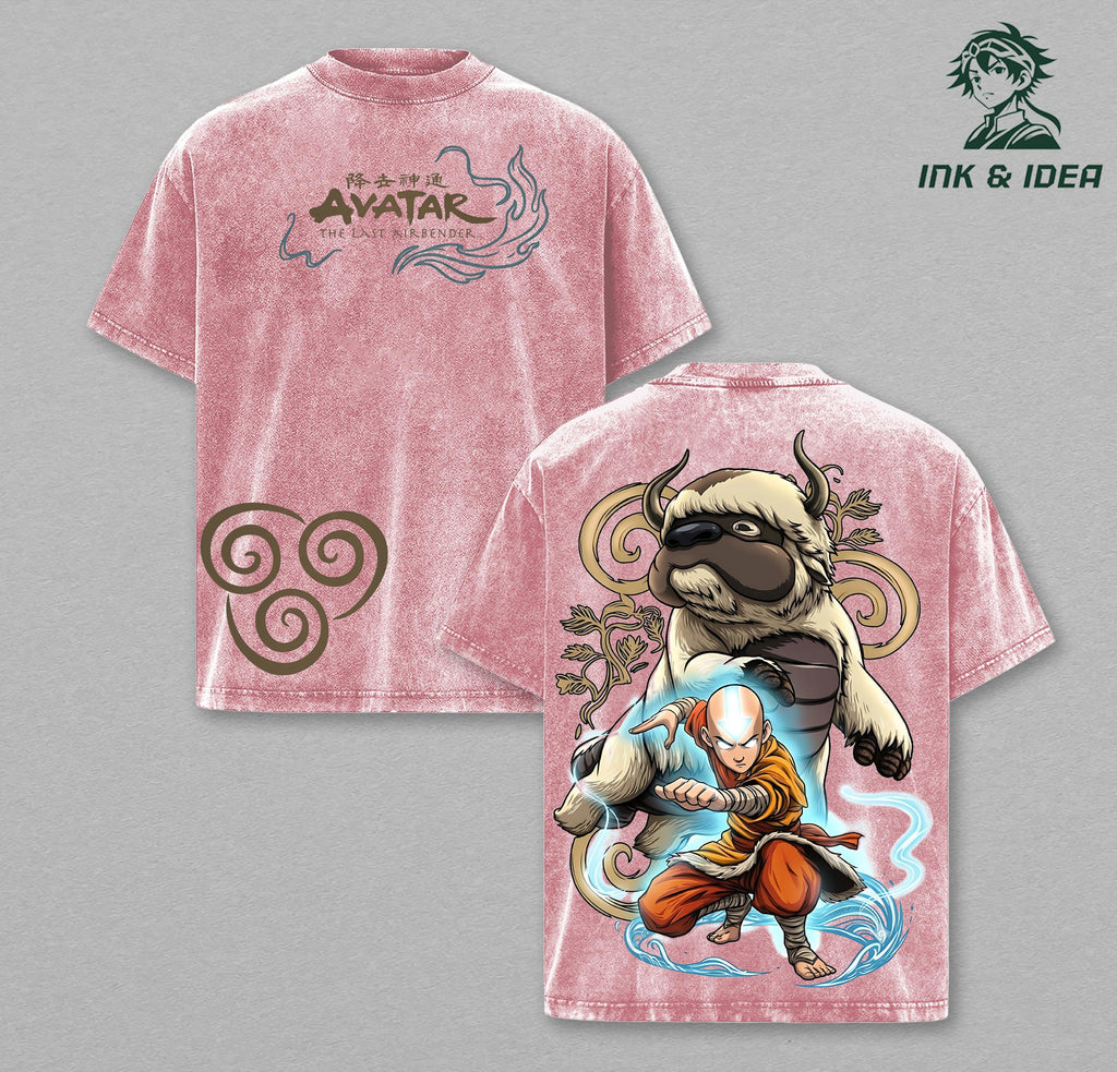 Avatar The Last Airbender Aang & Appa Vintage Washed Tee, Air Nomad Anime Graphic Shirt