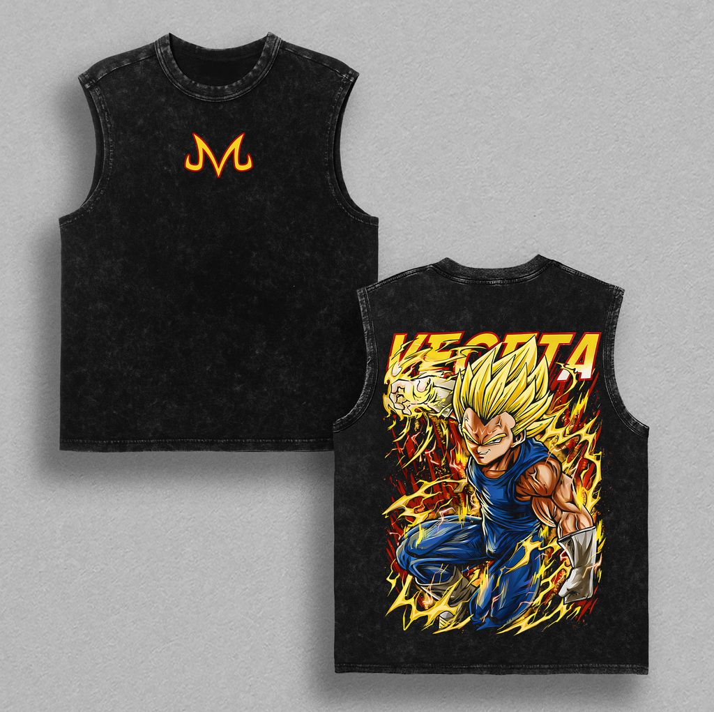 Majin Saiyan Prince Warrior Lightning Power Anime Vintage Washed Oversized Tee Manga Fighter Graphic Japanese Anime Streetwear