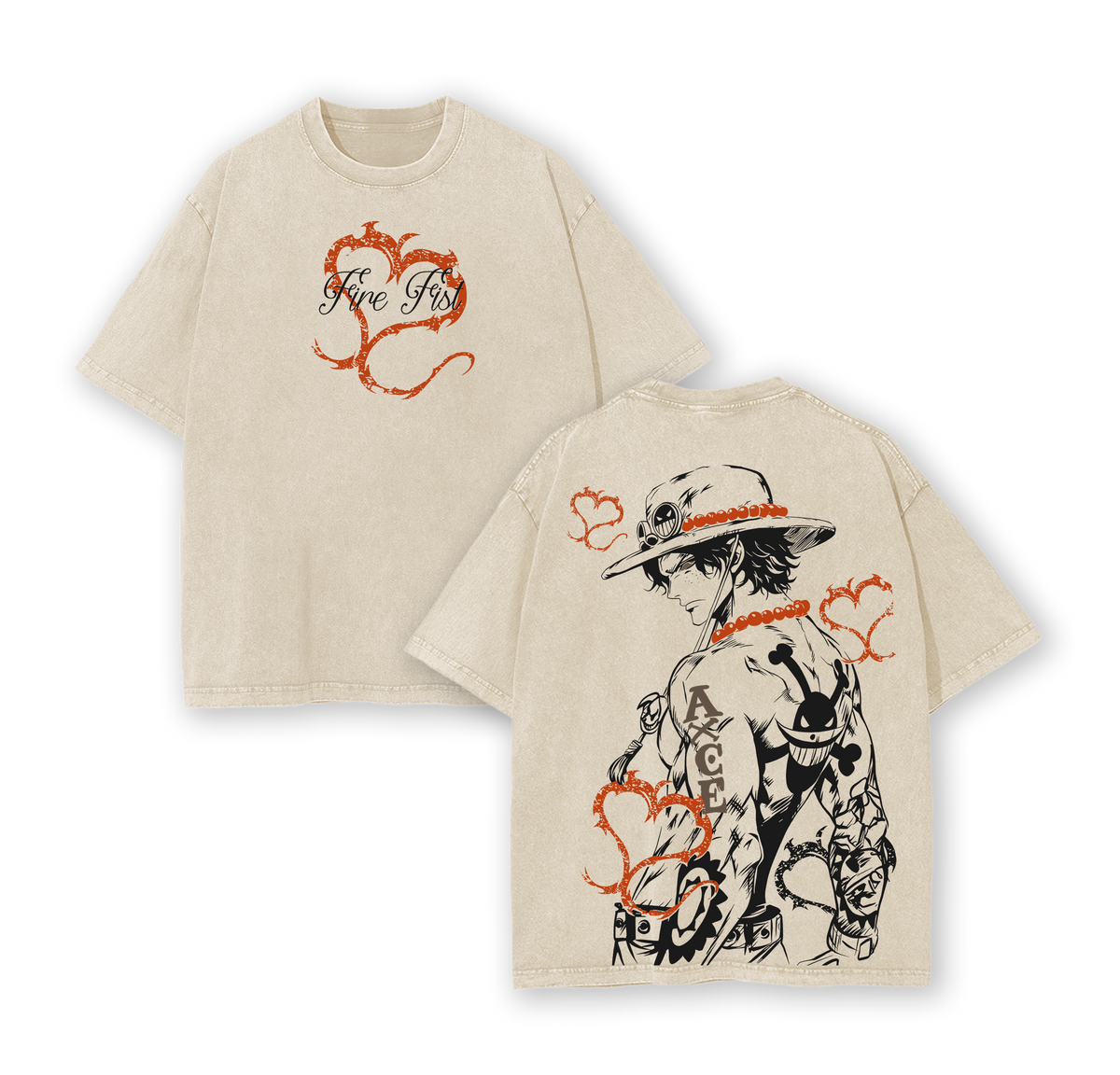 D. Ace Shirts - One Piece Anime Graphic Tee Oversized Acid Washed Soft Cotton Men T-Shirt