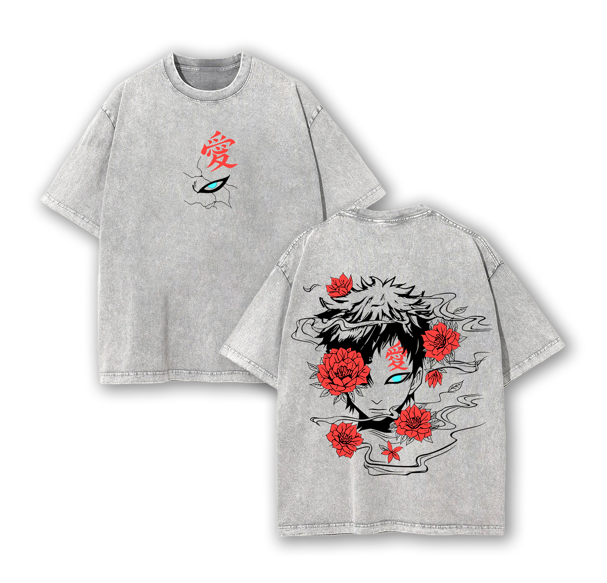 Gaara Red Flower Vintage Washed Tee – Naruto Unisex Oversize Anime Shirt