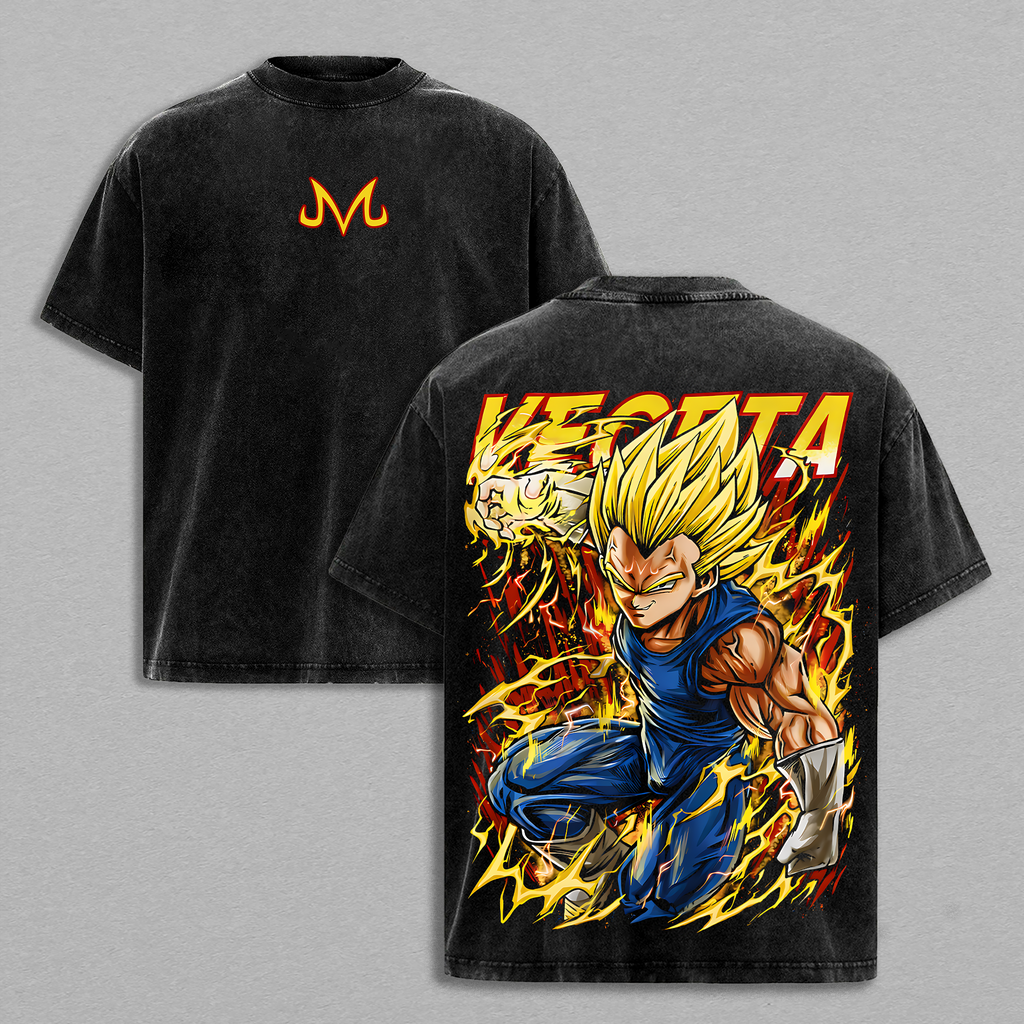 Majin Saiyan Prince Warrior Lightning Power Anime Vintage Washed Oversized Tee Manga Fighter Graphic Japanese Anime Streetwear