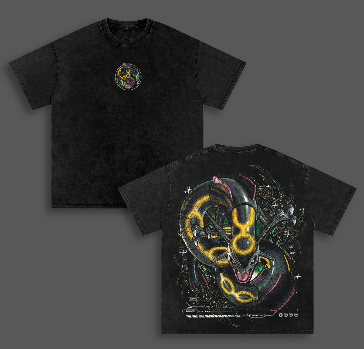 Vintage Rayquaza Acid Washed T-shirt Unisex Oversized Anime Manga T-Shirt Heavyweight Cotton Tee for Anime Fans