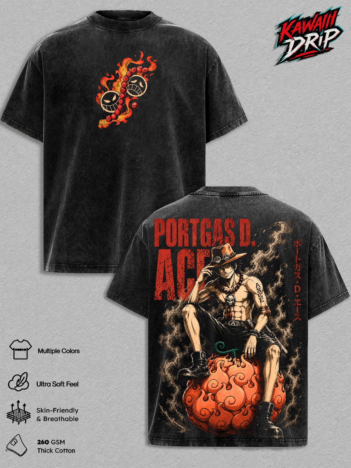 Portgas D. Ace One Pieceee Anime Vintage Washed Tee