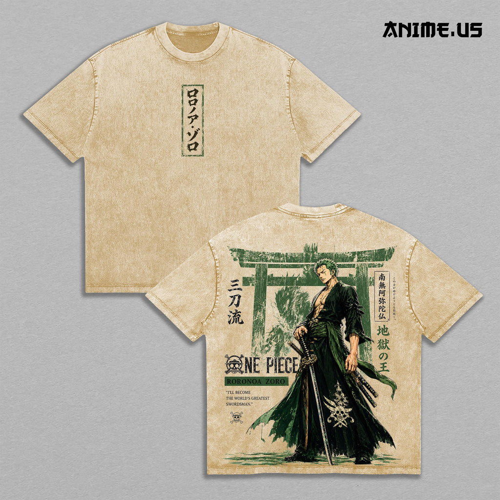 Roronoa Zoro Three-Sword Style OnePiece Anime Vintage Washed Tee