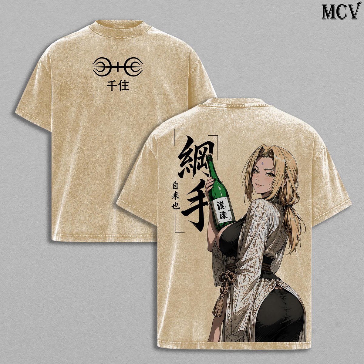 Tsunade Naruto Fifth Hokage Vintage Washed T-Shirt | Legendary Sannin Anime Graphic Tee | Slug Princess Streetwear Oversized Shirt