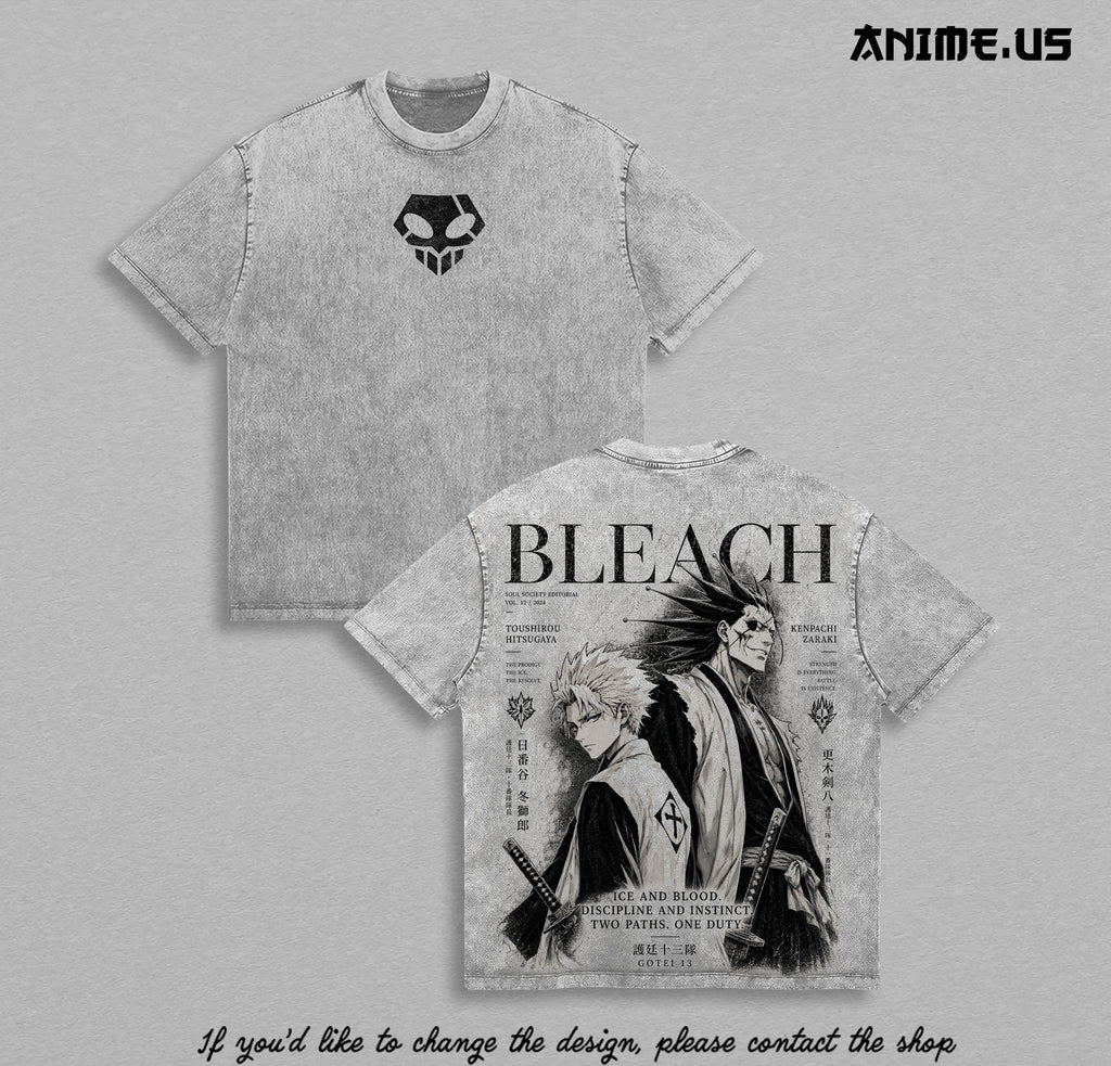 Kenpachi Zaraki x Toshiro Hitsugaya Bleach Anime Vintage Washed Oversized Graphic Tee Gotei 13 Soul Society Manga Streetwear Shirt