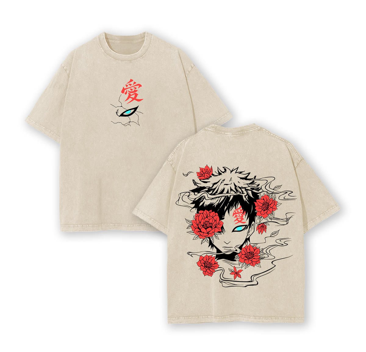 Gaara Red Flower Vintage Washed Tee – Naruto Unisex Oversize Anime Shirt
