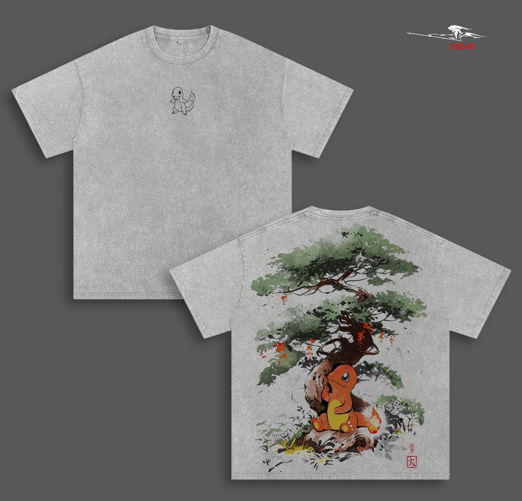 Charmander - Pokemon Anime Double Printed Vintage Washed Tee Unisex Oversize Heavyweight Cotton T-shirt for Anime Fans and Lovers