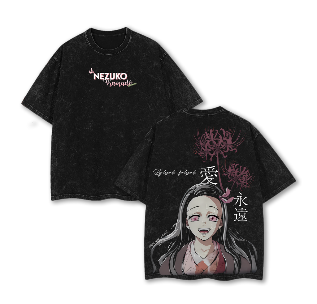 Nezuko Kamado Vintage Washed Tee, Demon Slayer Anime Oversized Unisex T-shirt, Heavy Cotton Double Print Manga Top