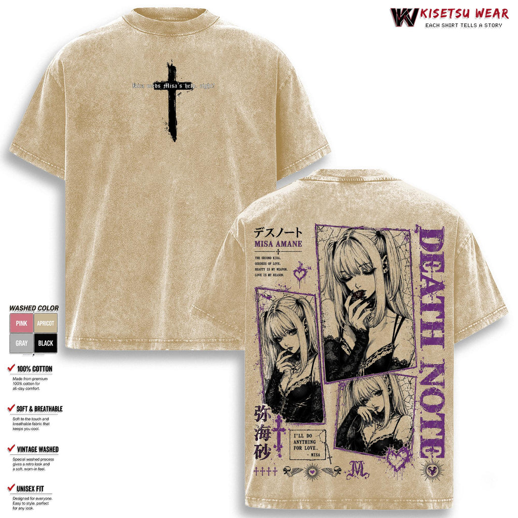 Misa Amane Death Note T-Shirt, Vintage Washed Gothic Anime Graphic Tee, Dark Aesthetic Oversized Shirt, Unisex Streetwear