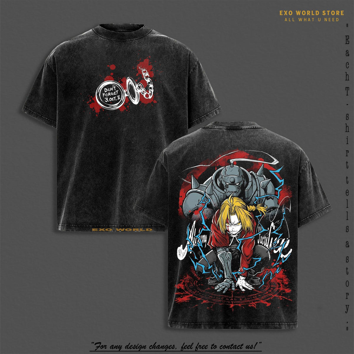 Edward x Alphonse Fullmetal Alchemist Anime Vintage Washed Tee