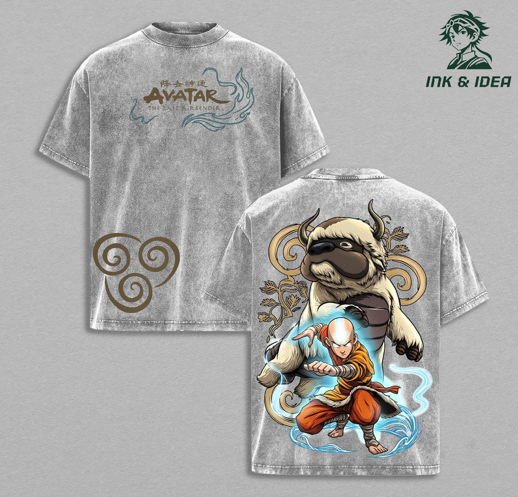 Avatar The Last Airbender Aang & Appa Vintage Washed Tee, Air Nomad Anime Graphic Shirt