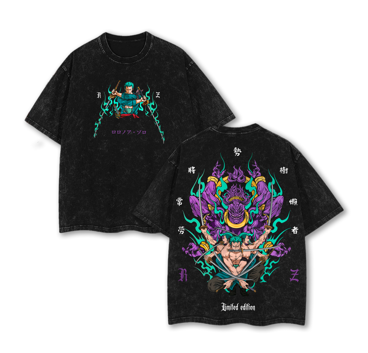 Roronoa Zoro Washed Apparel, One Piece Merch, Three Sword Style Clothes, Vintage Washed Oversized Tee