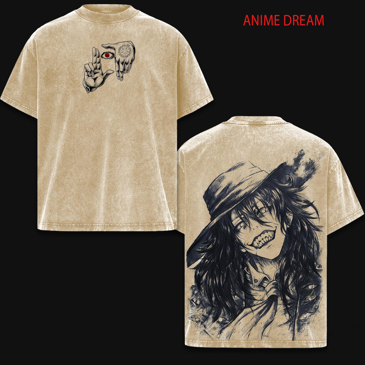 Alucard Hellsing Anime Double Printed Vintage Washed Tee Unisex Oversize Anime Manga Washed Heavyweight Cotton T-shirt