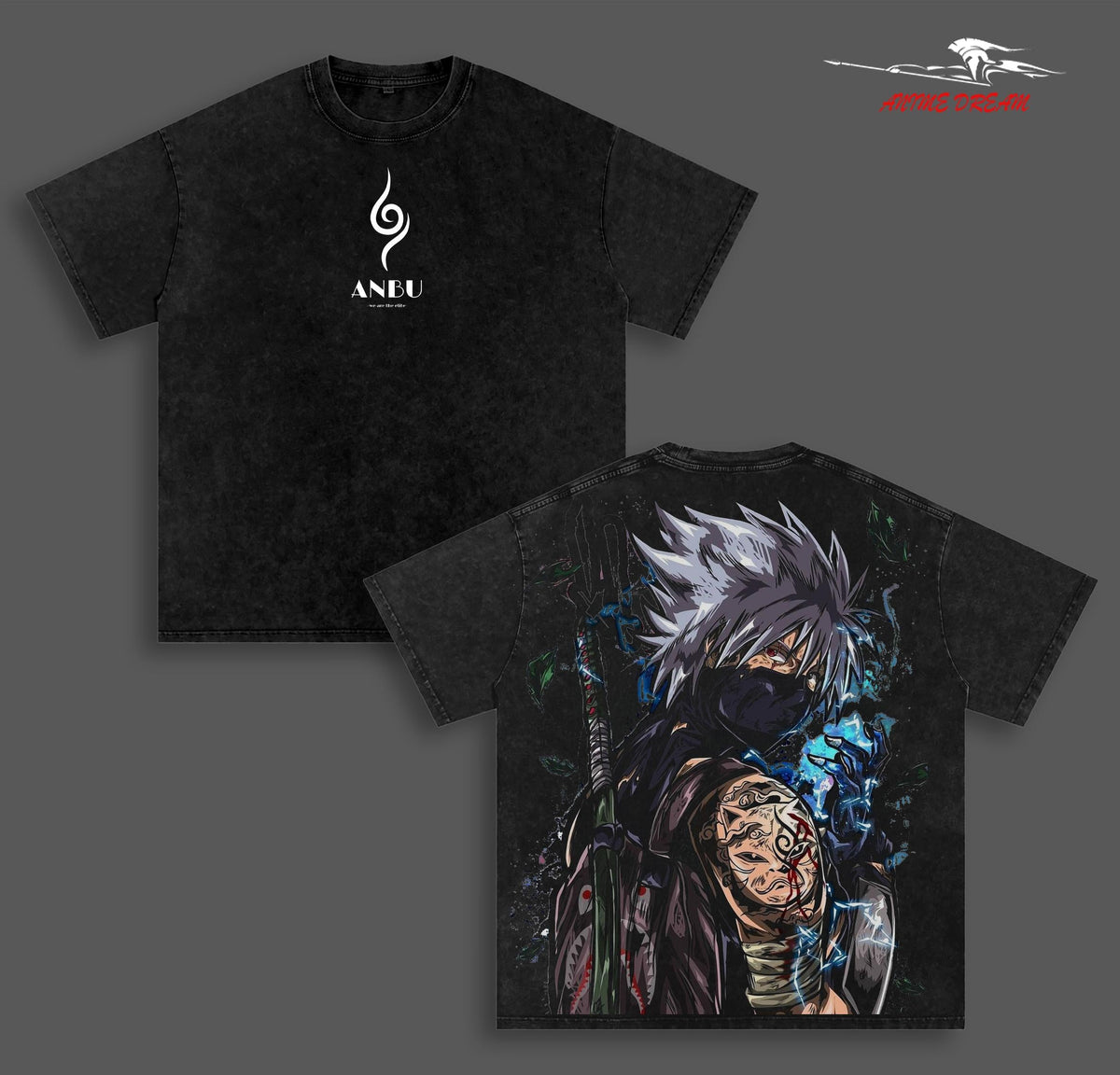 Kakashi HatakeNaruto Anime Double Printed Vintage Washed Tee Unisex Oversize Anime Manga Washed Heavyweight Cotton T-shirt