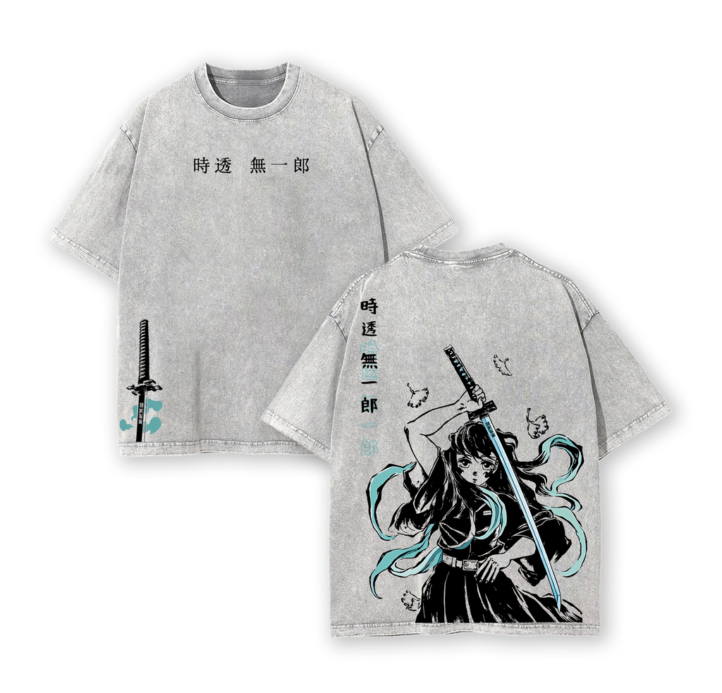 Tokitou Muichirou Mist Breathing Vintage Washed Oversized T-Shirt, Anime Double Printed Heavy Cotton Streetwear Graphic Tee