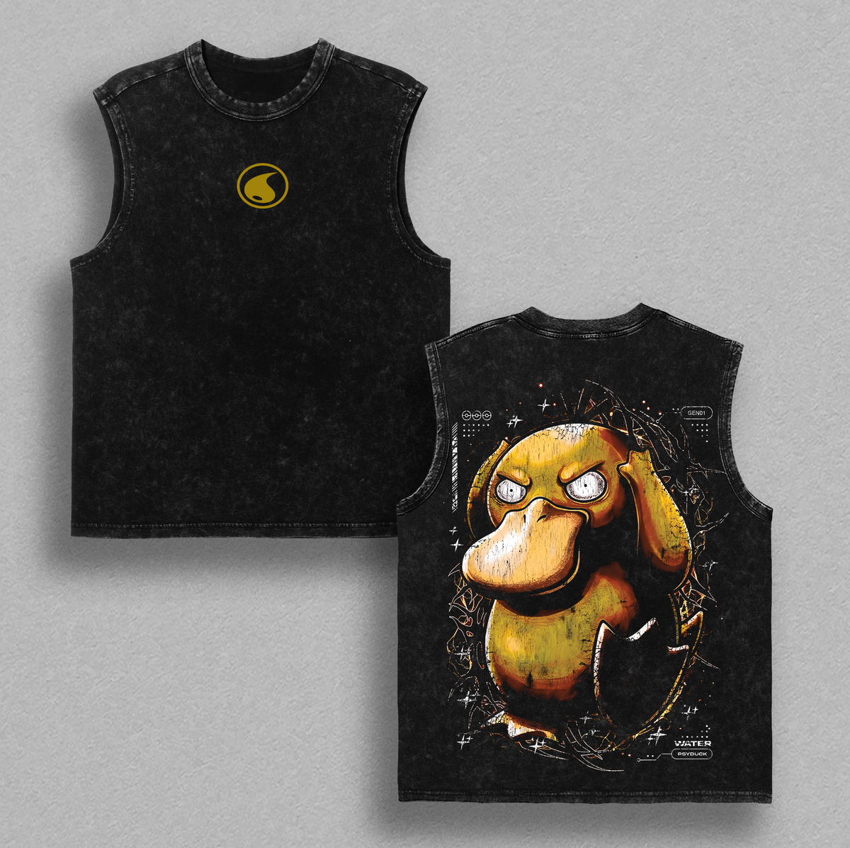 Vintage Psyduck Acid Washed T-Shirt Unisex Oversized Anime Manga T-Shirt Heavyweight Cotton Tee for Anime Fans
