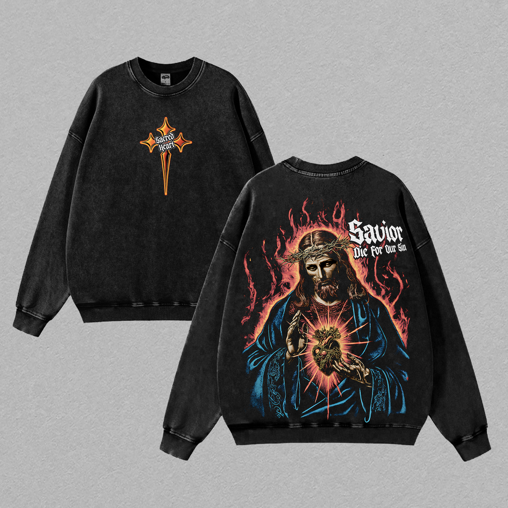 Sacred Heart Savior Jesus Died for Our Sins Christian Vintage Washed Tee